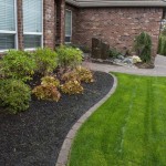 Lawn and curved garden bed with plants and mulch next to house